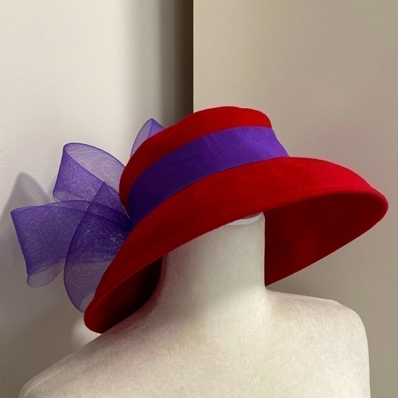 Red Hat Society Purple Ribbon Flower Derby Wool Hat Fall Warm Party Vacation - Picture 4 of 16